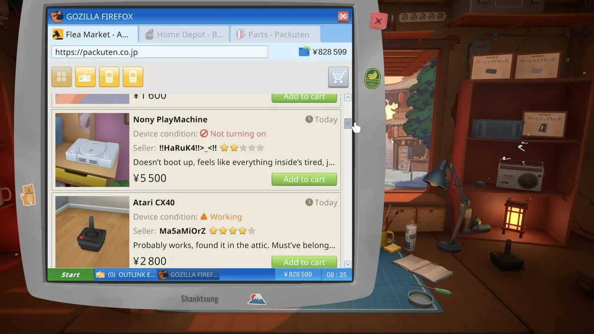 ReStory in-game marketplace listings shown in a retro web browser