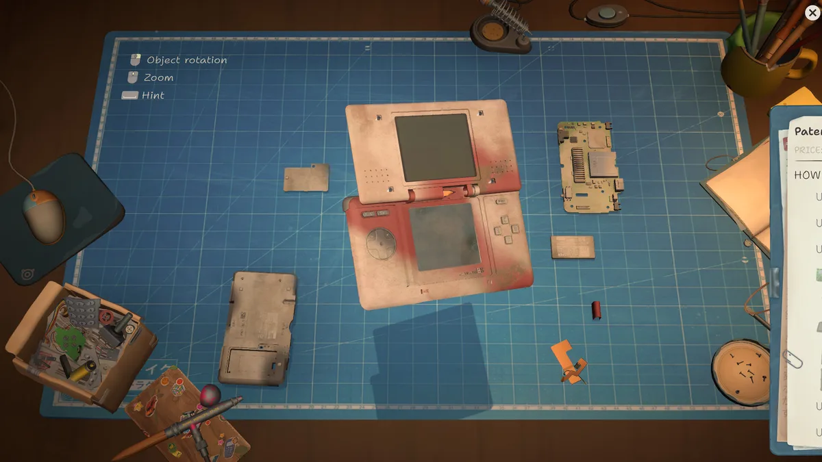 ReStory phone disassembly with the shell, board, battery, and screws laid out