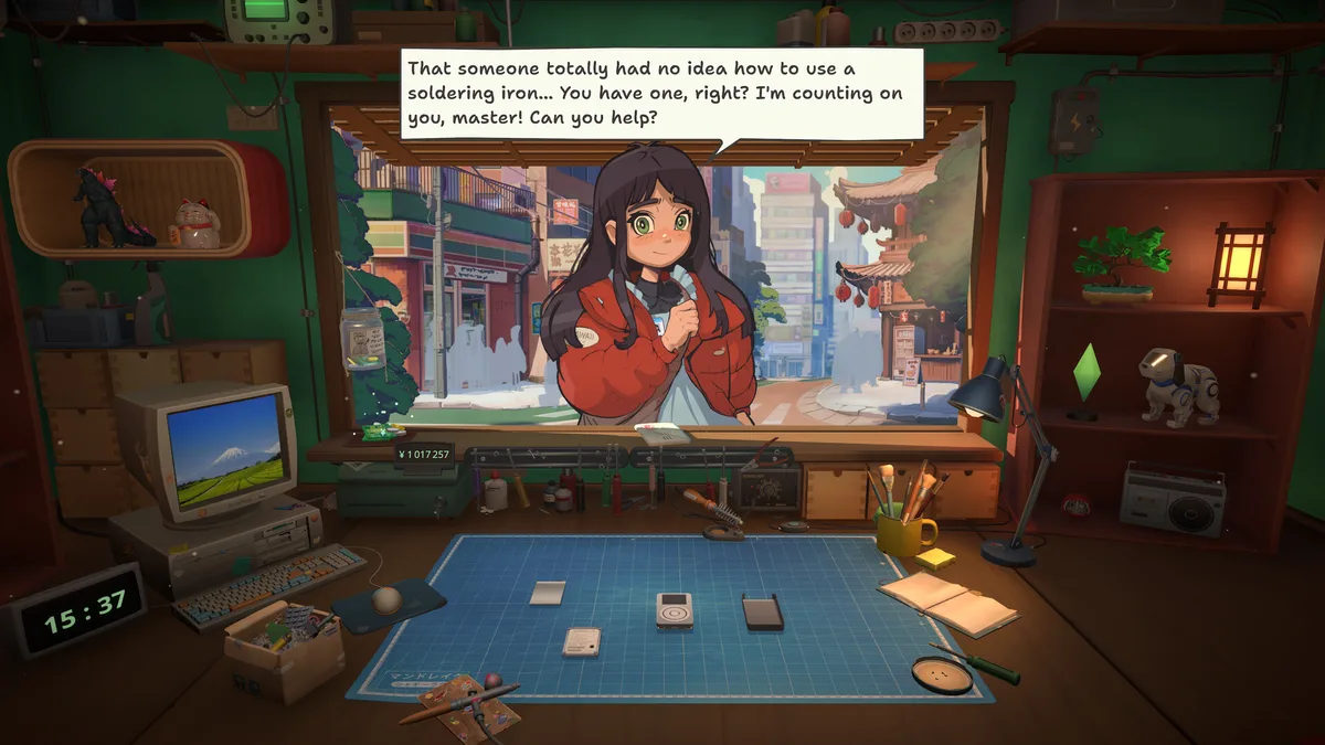 ReStory gameplay showing a customer conversation across the electronics repair bench